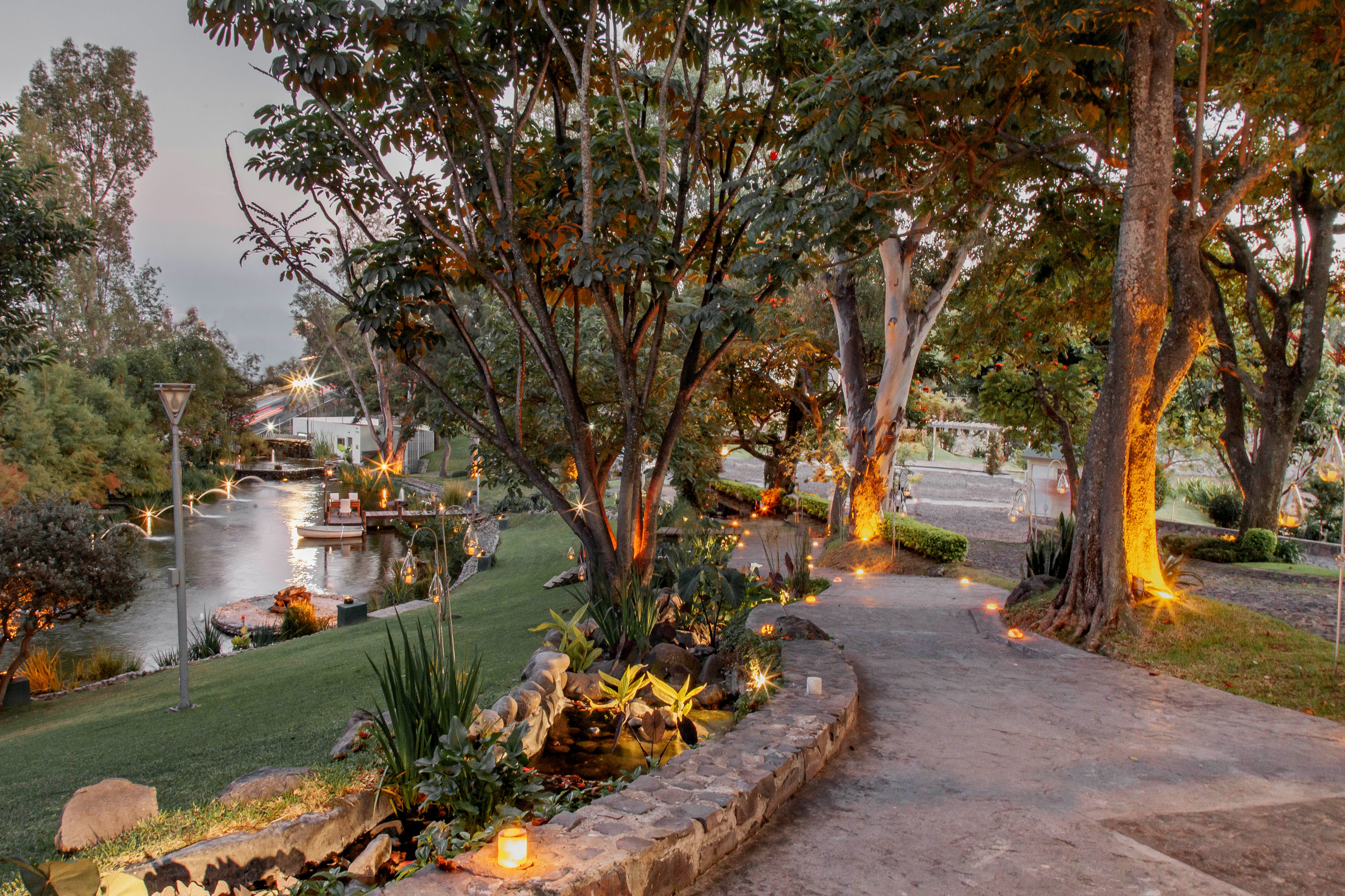 Jardín iluminado al atardecer con árboles centenarios